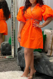 オレンジファッションカジュアルソリッドくり抜かれたパッチワークVネック半袖ドレス
