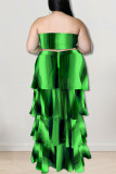 Зеленый сексуальный полосатый принт выдалбливают лоскутное платье без бретелек торт юбка плюс размер платья