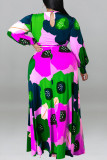Green Casual Print Bandage Patchwork O Neck Straight Plus Size Dresses