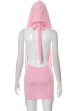 ピンクのセクシーなソリッドパッチワークフード付きカラーペンシルスカートドレス