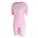 Pink Fashion Casual Letter Print Patchwork O Neck Short Sleeve Two Pieces