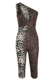 Macacão regular com estampa de leopardo estampa sexy leopardo vazado patchwork gola oblíqua