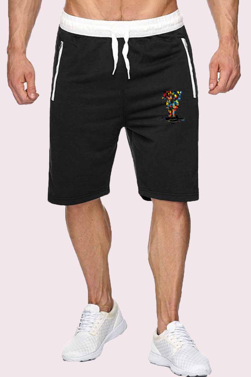

Black Fashion Casual Print Letter Mid Waist Straight Shorts