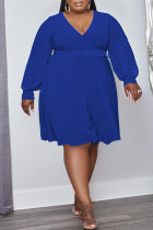 ブルーカジュアルソリッド包帯パッチワークVネック長袖プラスサイズのドレス