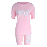 Pink Fashion Casual Letter Print Patchwork O Neck Short Sleeve Two Pieces