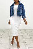 Light Blue Casual Solid Patchwork Buckle Chains Turndown Collar Long Sleeve Denim Jacket