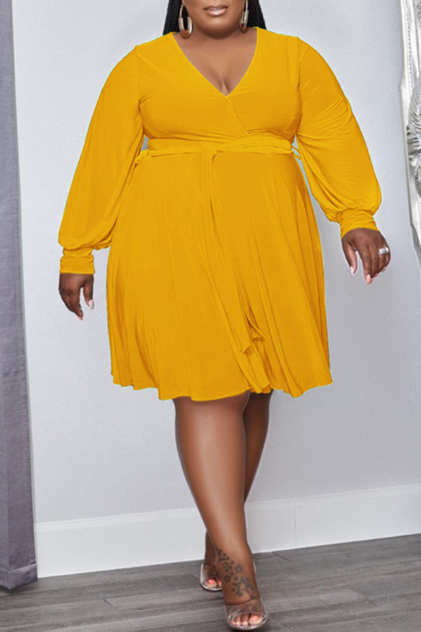 黄色のカジュアルな固体包帯パッチワークVネック長袖プラスサイズのドレス