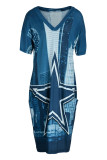Marinblå mode Casual Print Patchwork V-ringad kortärmad klänning