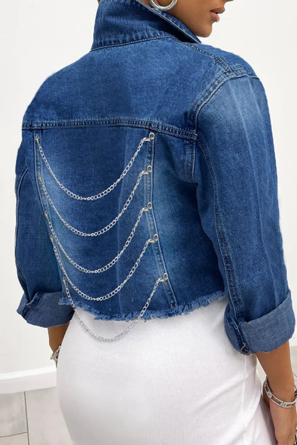 Azul profundo casual sólido patchwork fivela correntes gola aberta jaqueta jeans de manga comprida