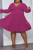 ローズレッドカジュアルソリッド包帯パッチワークVネック長袖プラスサイズのドレス