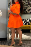 オレンジファッションカジュアルソリッドくり抜かれたパッチワークVネック半袖ドレス