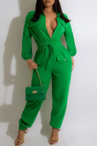 Groene casual jumpsuits met effen patchworkgesp en turndownkraag