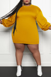 Gele casual effen patchwork O-hals rechte jurken met grote maten