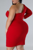 Röd Sexig Solid Patchwork Asymmetrisk Aftonklänning Plus Size Klänningar
