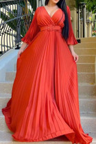 Orange Rot Casual Solid Patchwork Fold mit Gürtel V-Ausschnitt Abendkleid Kleider