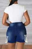 Mellanblå Casual Solid Patchwork Metalltillbehör Dekoration Vanliga jeansshorts med hög midja