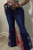 Blå Casual Street Print Patchwork jeans med hög midja