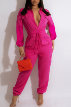 Rose Red Casual Solid Patchwork Gesp Turndown Kraag Jumpsuits