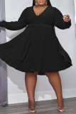 ローズレッドカジュアルソリッド包帯パッチワークVネック長袖プラスサイズのドレス