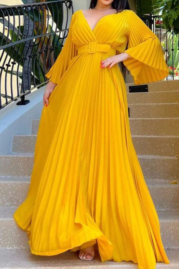 黄色のカジュアルなソリッドパッチワークはベルトVネックイブニングドレスドレスで折ります