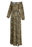 Tiger Pattern Fashion Sexy Print Fente sur l'épaule Robes à manches longues