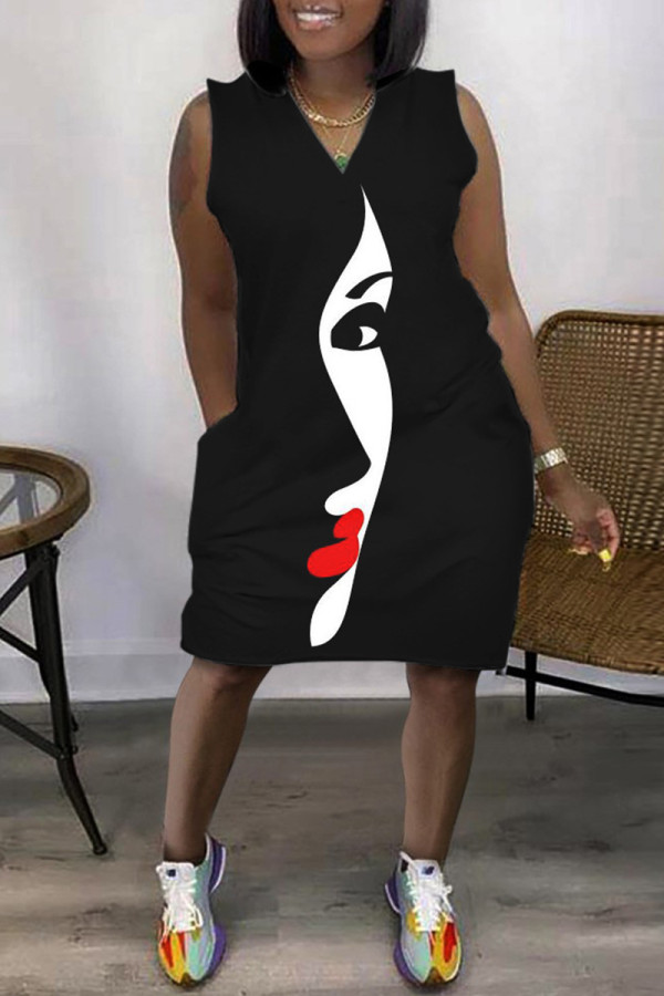 ブラックホワイトファッションカジュアルプリントパッチワークVネックノースリーブプラスサイズドレス