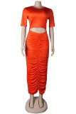 オレンジファッションセクシーなソリッドくり抜かれた折り畳みOネック半袖ドレス