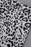Amarelo casual estampa leopardo patchwork fenda decote em v plus size duas peças