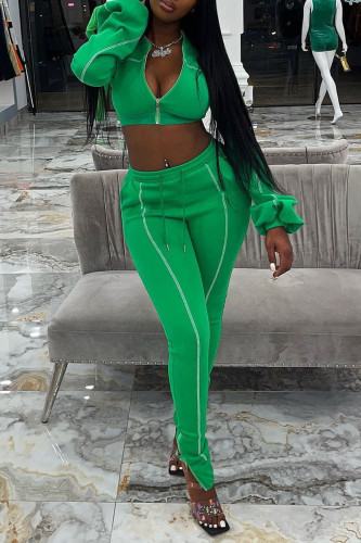 Green Casual Solid Patchwork Long Sleeve Two Pieces