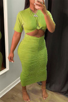 Groene mode Sexy effen uitgeholde vouw O-hals jurk met korte mouwen