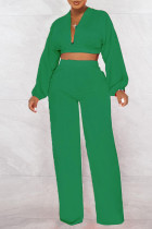 Due pezzi a maniche lunghe con scollo a V senza schienale sexy patchwork solido verde