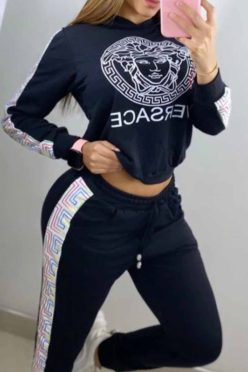 

Black Fashion Street Figure Patchwork Letter Hooded Collar Long Sleeve Two Pieces