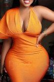 Оранжевые сексуальные однотонные лоскутные платья с разрезом и асимметричным V-образным вырезом