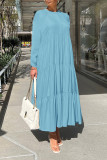 Blue Casual Solid Patchwork Fold O Neck Straight Dresses