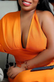 Оранжевые сексуальные однотонные лоскутные платья с разрезом и асимметричным V-образным вырезом
