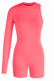 蛍光ピンクのセクシーなスポーツウェア固体パッチワーク非対称 O ネック スキニー ロンパース