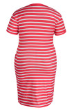 Red Casual Striped Print Patchwork V Neck Straight Plus Size Dresses