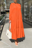 Оранжевые повседневные однотонные прямые платья в стиле пэчворк со складками и круглым вырезом