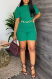 Green Casual Solid Patchwork With Belt O Neck Straight Rompers