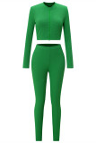 Grüne Mode Lässige Sportbekleidung Solide Patchwork Reißverschluss Kragen Langarm Zwei Stücke