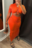 オレンジファッションセクシーなソリッドくり抜かれた折り畳みOネック半袖ドレス