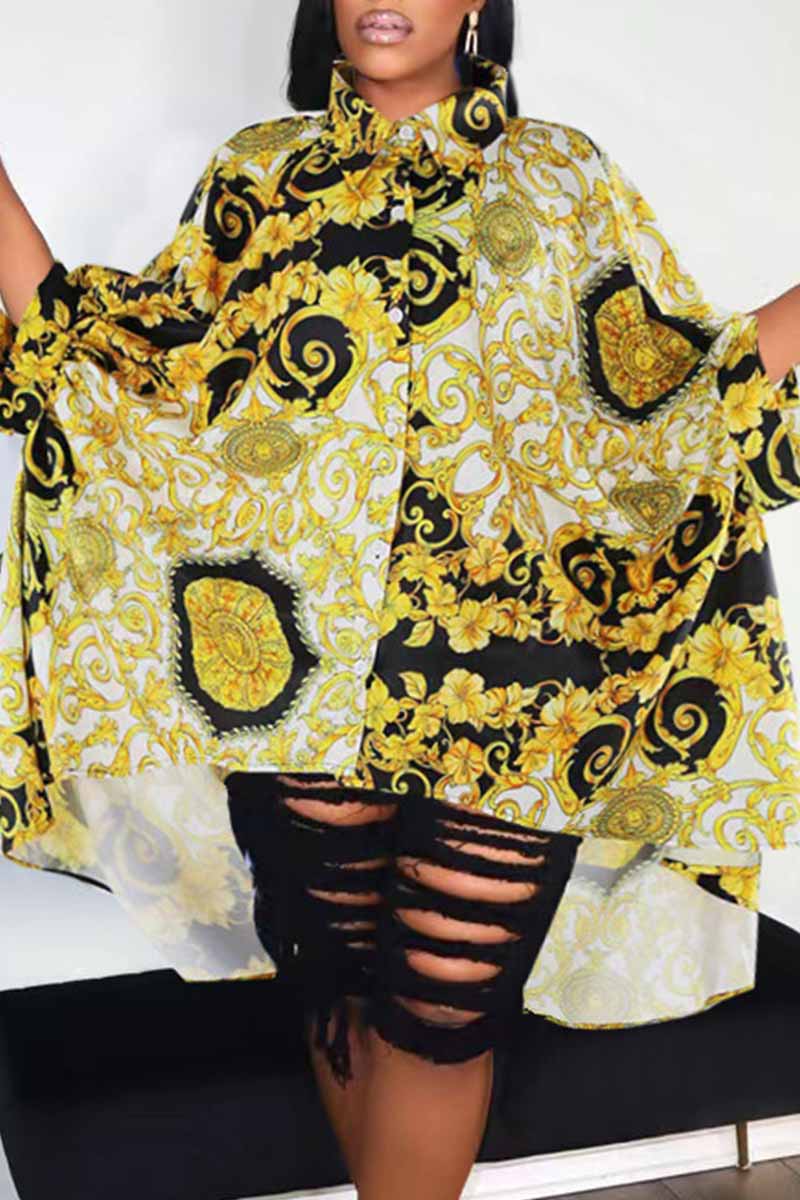 

Gold Fashion Street Print Patchwork Asymmetrical Turndown Collar Plus Size Tops