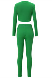 Groene Mode Casual Sportkleding Effen Patchwork Rits Kraag Lange Mouw Twee Stukken