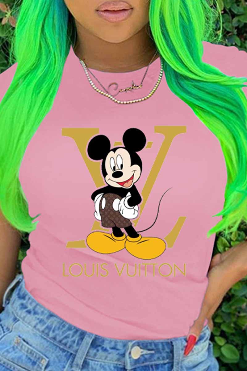 

Pink Fashion Casual Character Print Letter O Neck T-Shirts