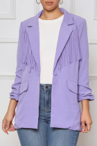 Prendas de abrigo botones de retazos de borla sólida informal púrpura cuello vuelto