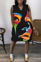 Black Fashion Casual Print Patchwork V Neck Sleeveless Plus Size Dress