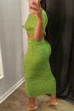 グリーンファッションセクシーなソリッドくり抜かれた折り畳みOネック半袖ドレス