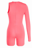 Флуоресцентный розовый сексуальный спортивный костюм, однотонный лоскутный асимметричный узкий комбинезон с круглым вырезом