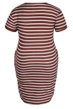 Red Casual Striped Print Patchwork V Neck Straight Plus Size Dresses