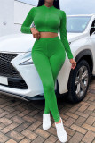 Grüne Mode Lässige Sportbekleidung Solide Patchwork Reißverschluss Kragen Langarm Zwei Stücke